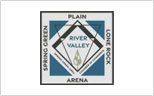 A blue and white logo for river valley arena.