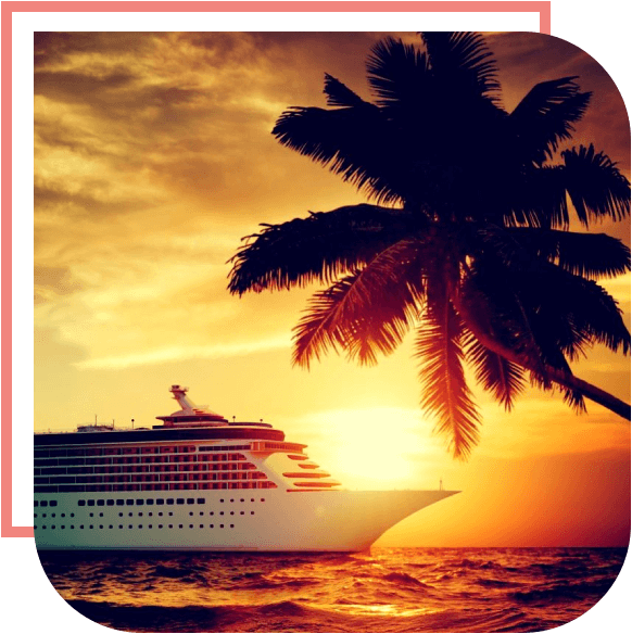 A cruise ship is sailing in the ocean at sunset.