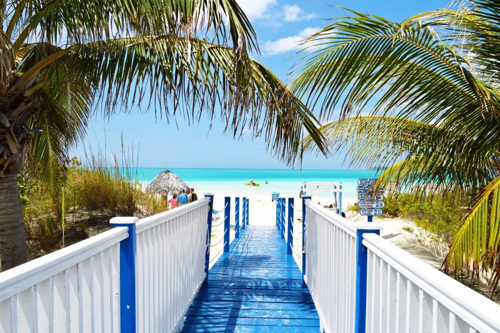 A boardwalk leading to the beach with palm trees.