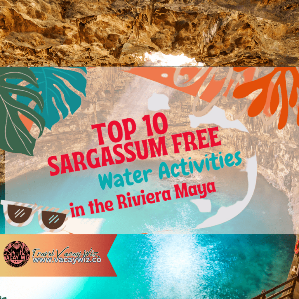 A book cover with the title of top 1 0 sargassum free water activities in the riviera maya.